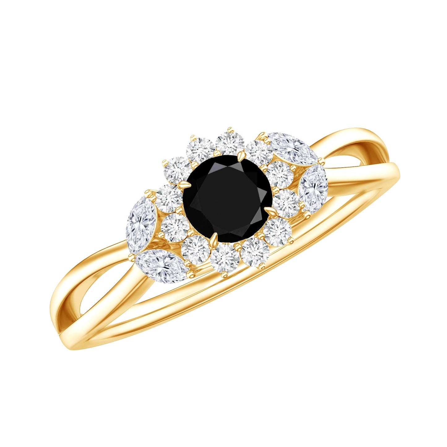 Nature Inspired Black Spinel Flower Engagement Ring with Diamond