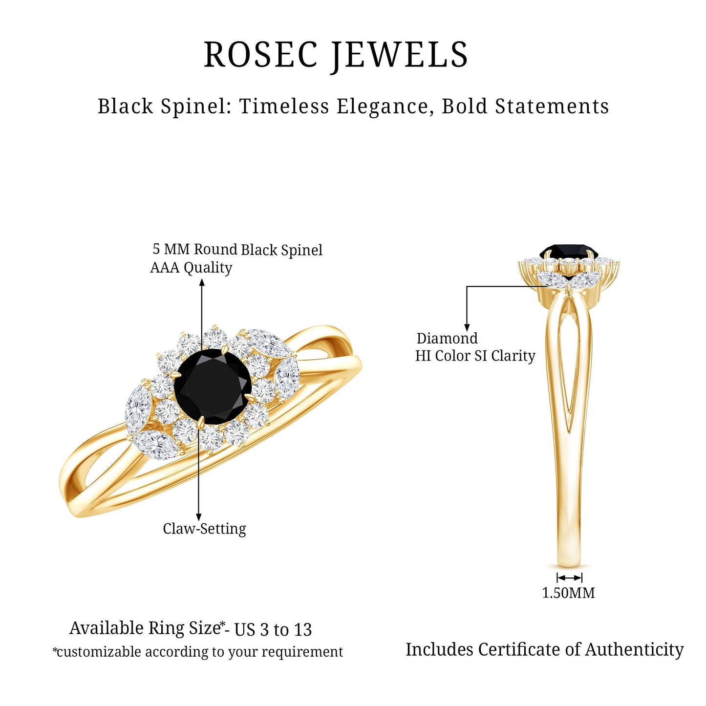 Nature Inspired Black Spinel Flower Engagement Ring with Diamond