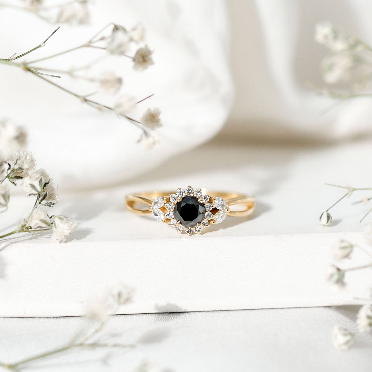 Nature Inspired Black Spinel Flower Engagement Ring with Diamond