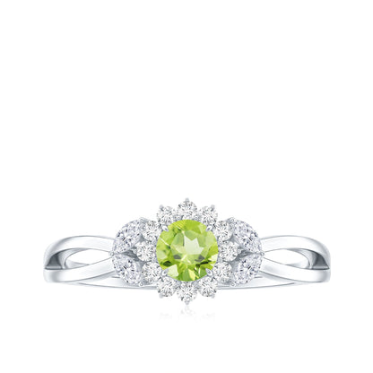 Natural 0.5 Carat Peridot Flower Engagement Ring with Diamond