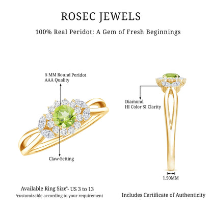 Natural 0.5 Carat Peridot Flower Engagement Ring with Diamond