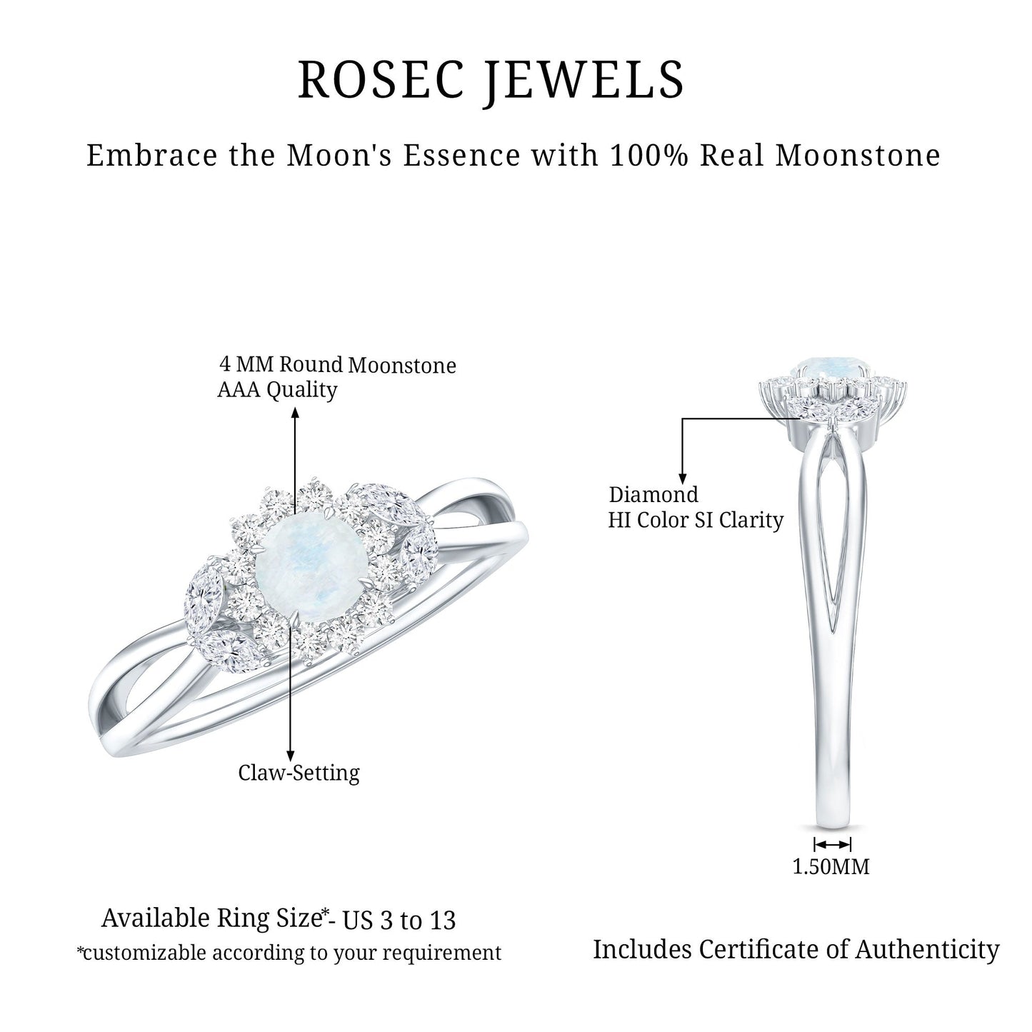 Real Moonstone and Diamond Flower Engagement Ring with Split Shank