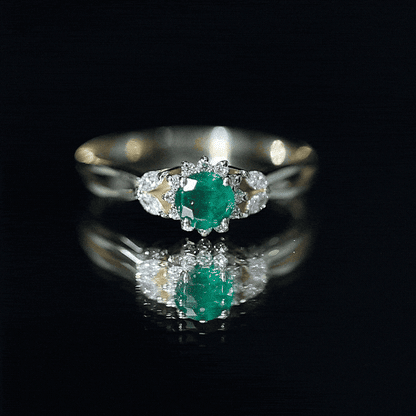 Real Emerald and Diamond Flower Engagement Ring with Split Shank