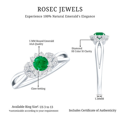 Real Emerald and Diamond Flower Engagement Ring with Split Shank
