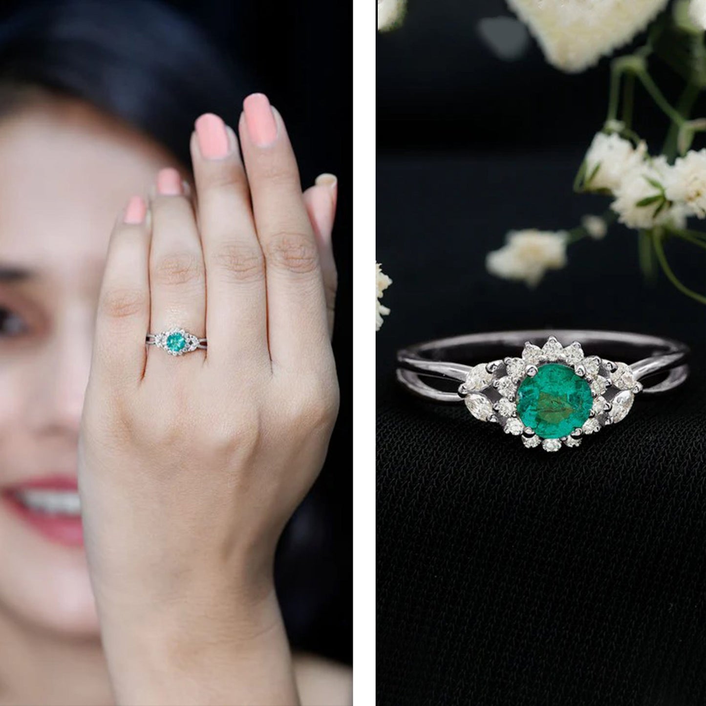 Real Emerald and Diamond Flower Engagement Ring with Split Shank