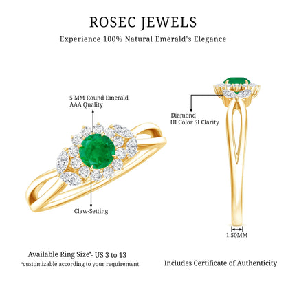 Real Emerald and Diamond Flower Engagement Ring with Split Shank