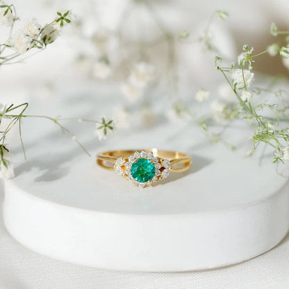 Real Emerald and Diamond Flower Engagement Ring with Split Shank