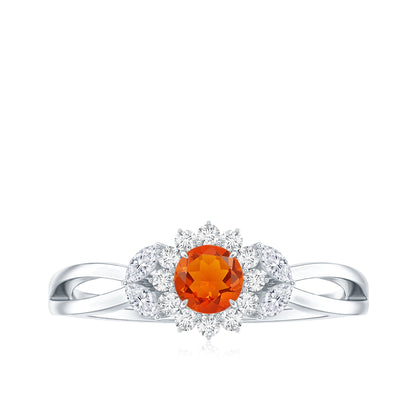 Fire Opal and Diamond Flower Engagement Ring with Split Shank