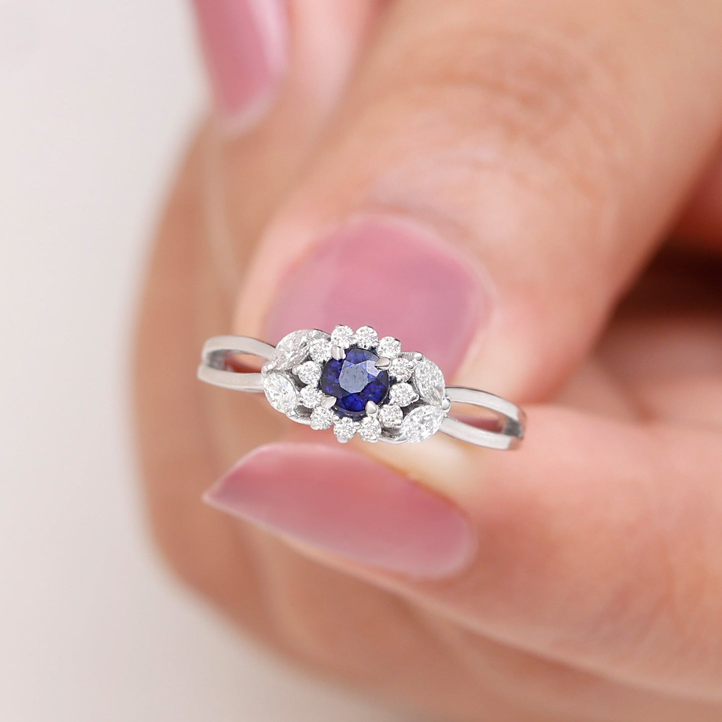 Certified Blue Sapphire Flower Engagement Ring with Diamond