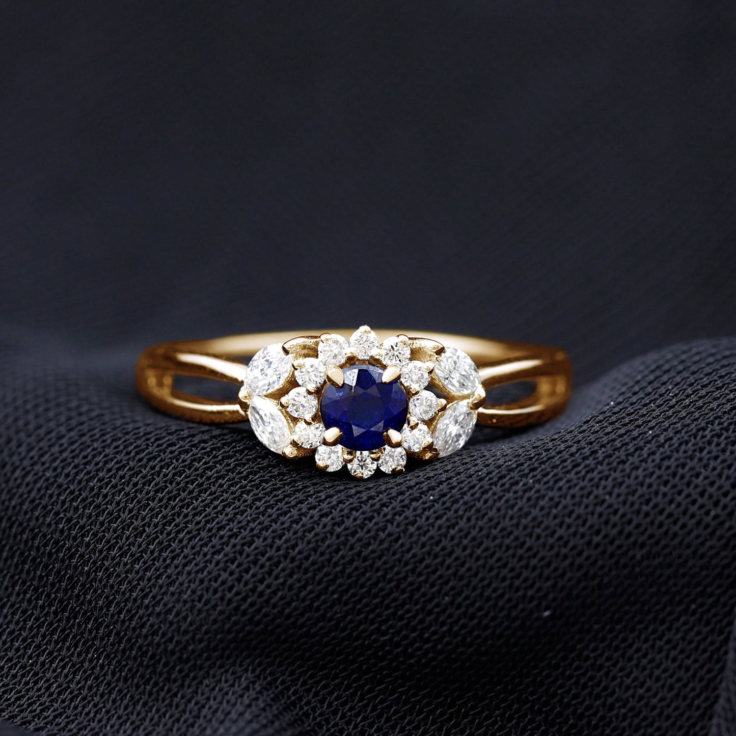 Certified Blue Sapphire Flower Engagement Ring with Diamond