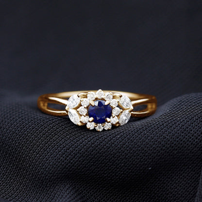 Certified Blue Sapphire Flower Engagement Ring with Diamond