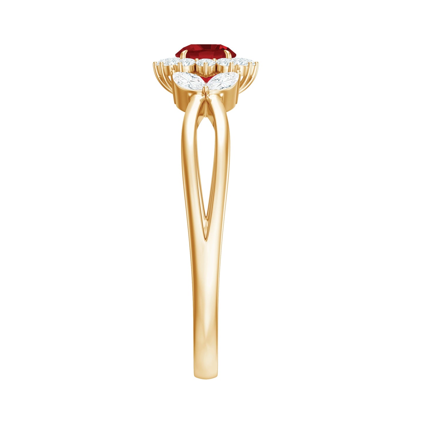 Lab Ruby and Diamond Flower Engagement Ring in Split Shank