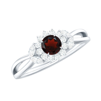 Natural Garnet Diamond Flower Engagement Ring with Split Shank