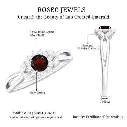 Natural Garnet Diamond Flower Engagement Ring with Split Shank