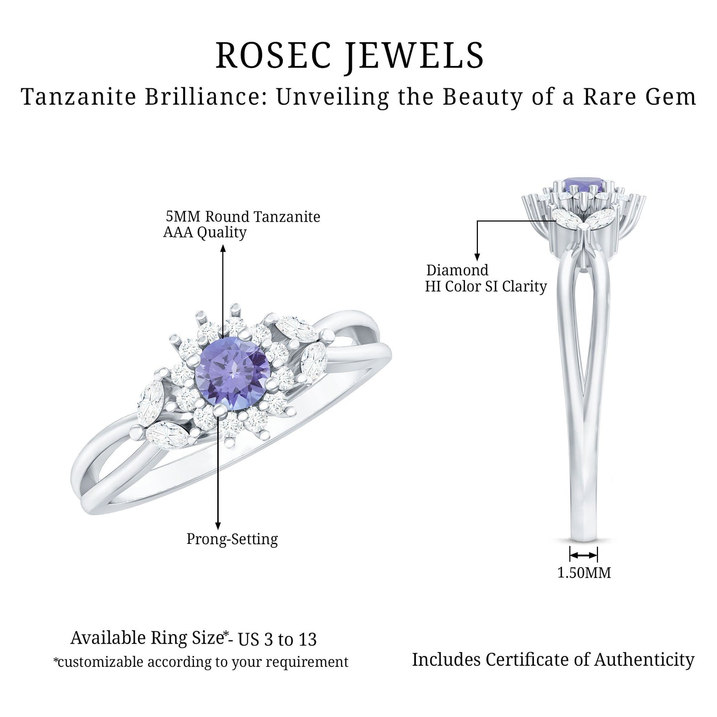 Genuine Tanzanite and Diamond Nature Engagement Ring with Split Shank