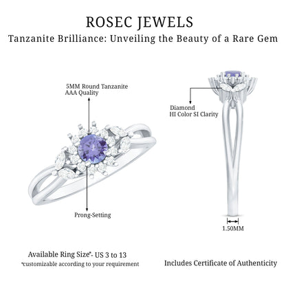 Genuine Tanzanite and Diamond Nature Engagement Ring with Split Shank