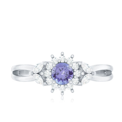 Genuine Tanzanite and Diamond Nature Engagement Ring with Split Shank
