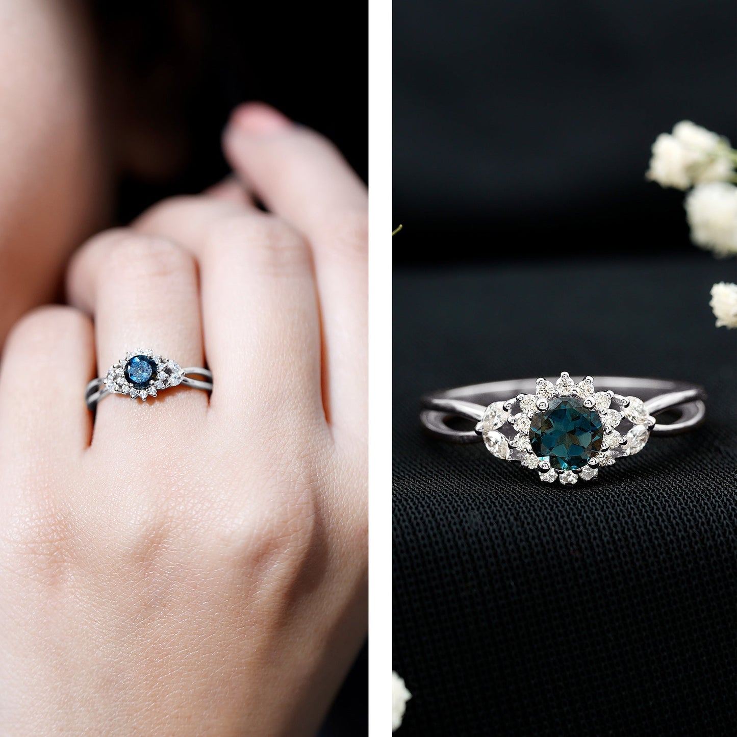 0.6 Carat London Blue Topaz Floral Engagement Ring with Diamond