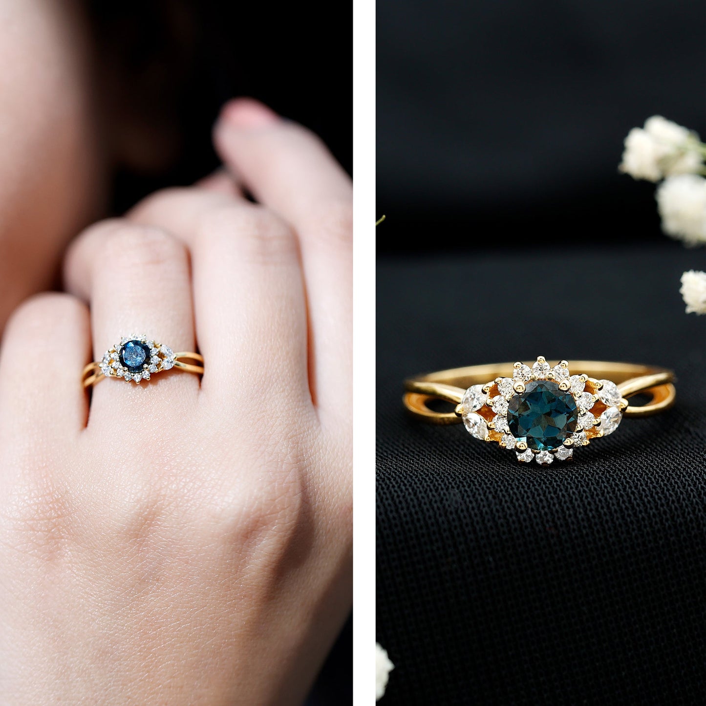 0.6 Carat London Blue Topaz Floral Engagement Ring with Diamond