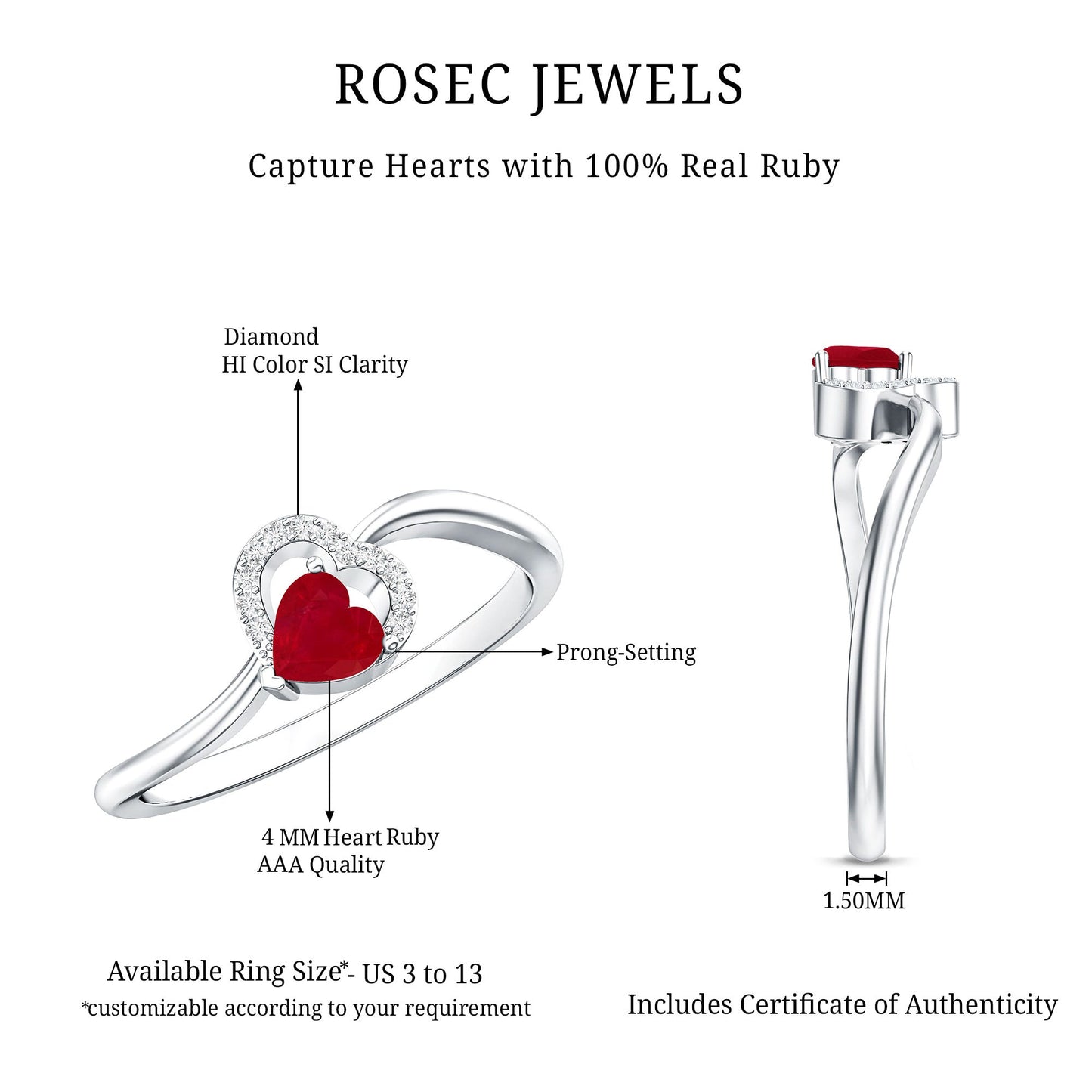 Natural Half Carat Ruby Heart Promise Ring with Diamond