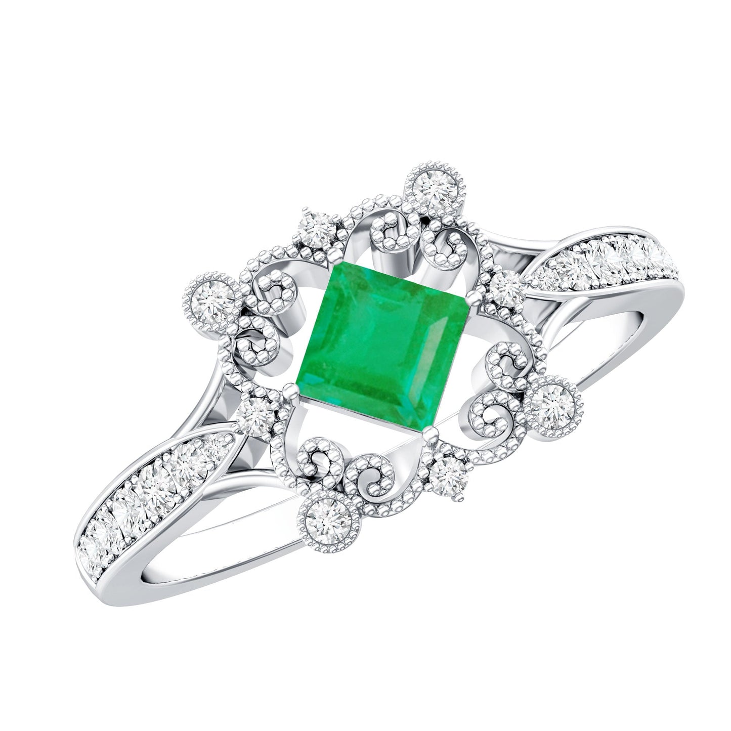 Antique Looking Emerald and Diamond Engagement Ring for Women