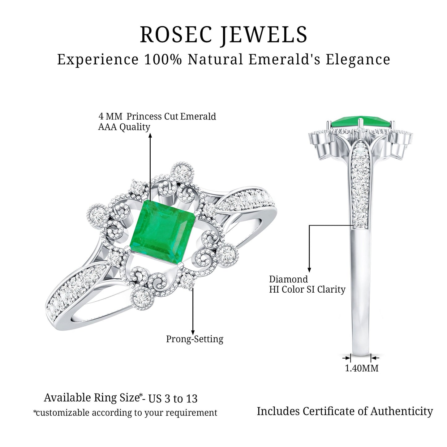 Antique Looking Emerald and Diamond Engagement Ring for Women