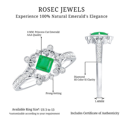 Antique Looking Emerald and Diamond Engagement Ring for Women