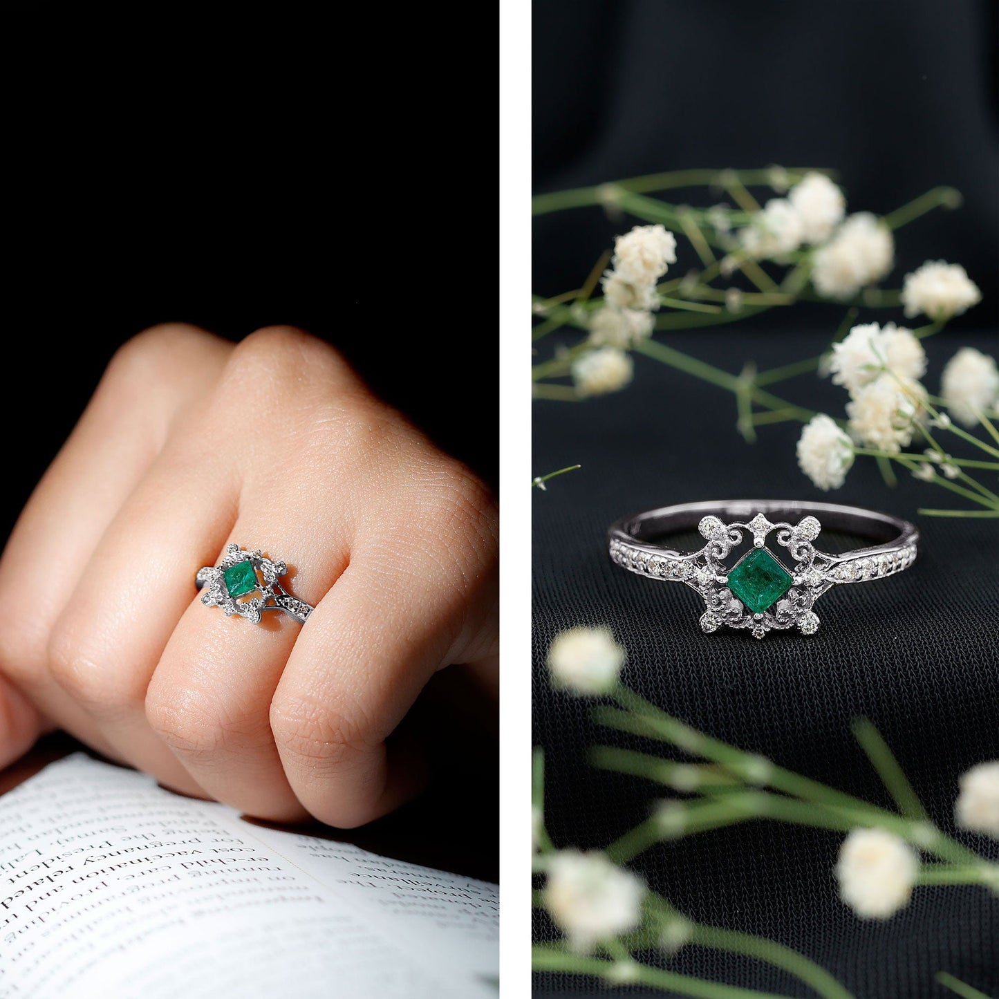 Antique Looking Emerald and Diamond Engagement Ring for Women