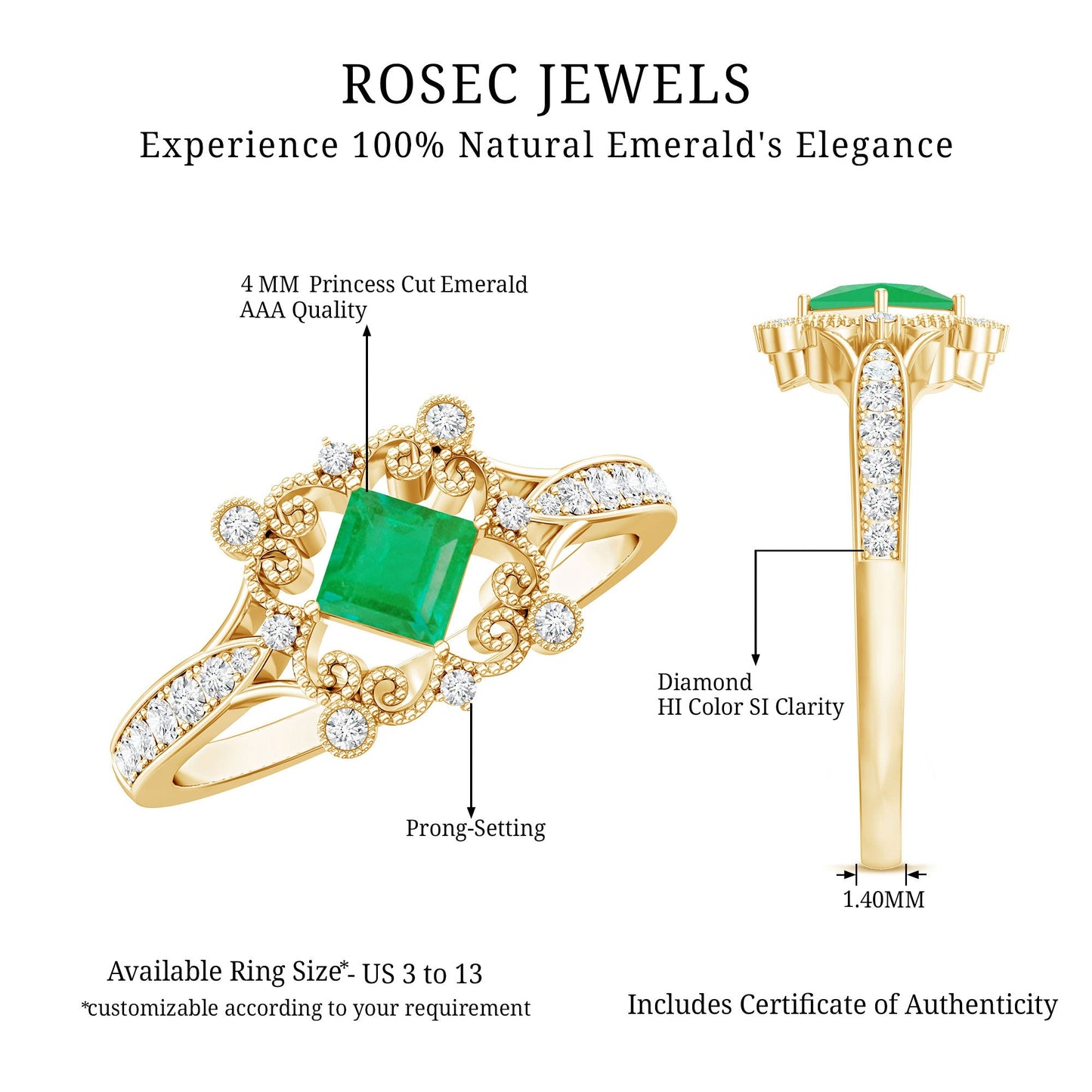 Antique Looking Emerald and Diamond Engagement Ring for Women