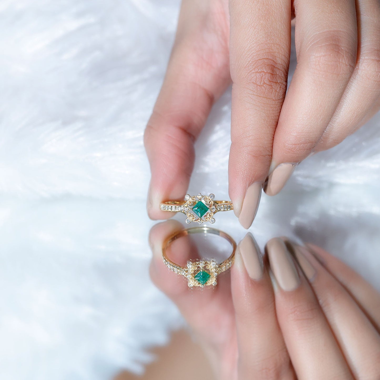 Antique Looking Emerald and Diamond Engagement Ring for Women