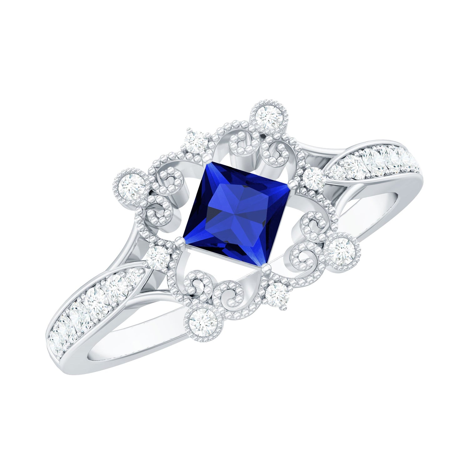 Vintage Inspired Lab Grown Blue Sapphire Engagement Ring with Diamond