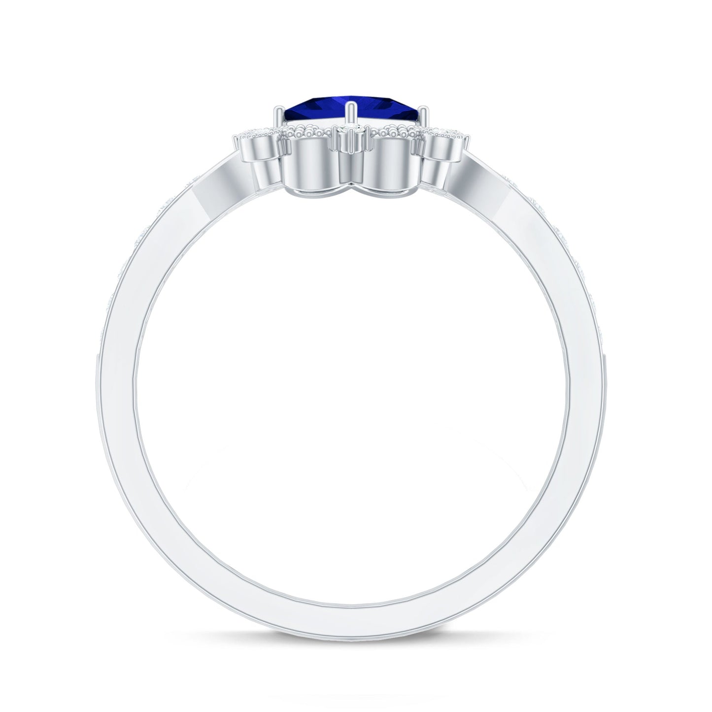 Vintage Inspired Lab Grown Blue Sapphire Engagement Ring with Diamond