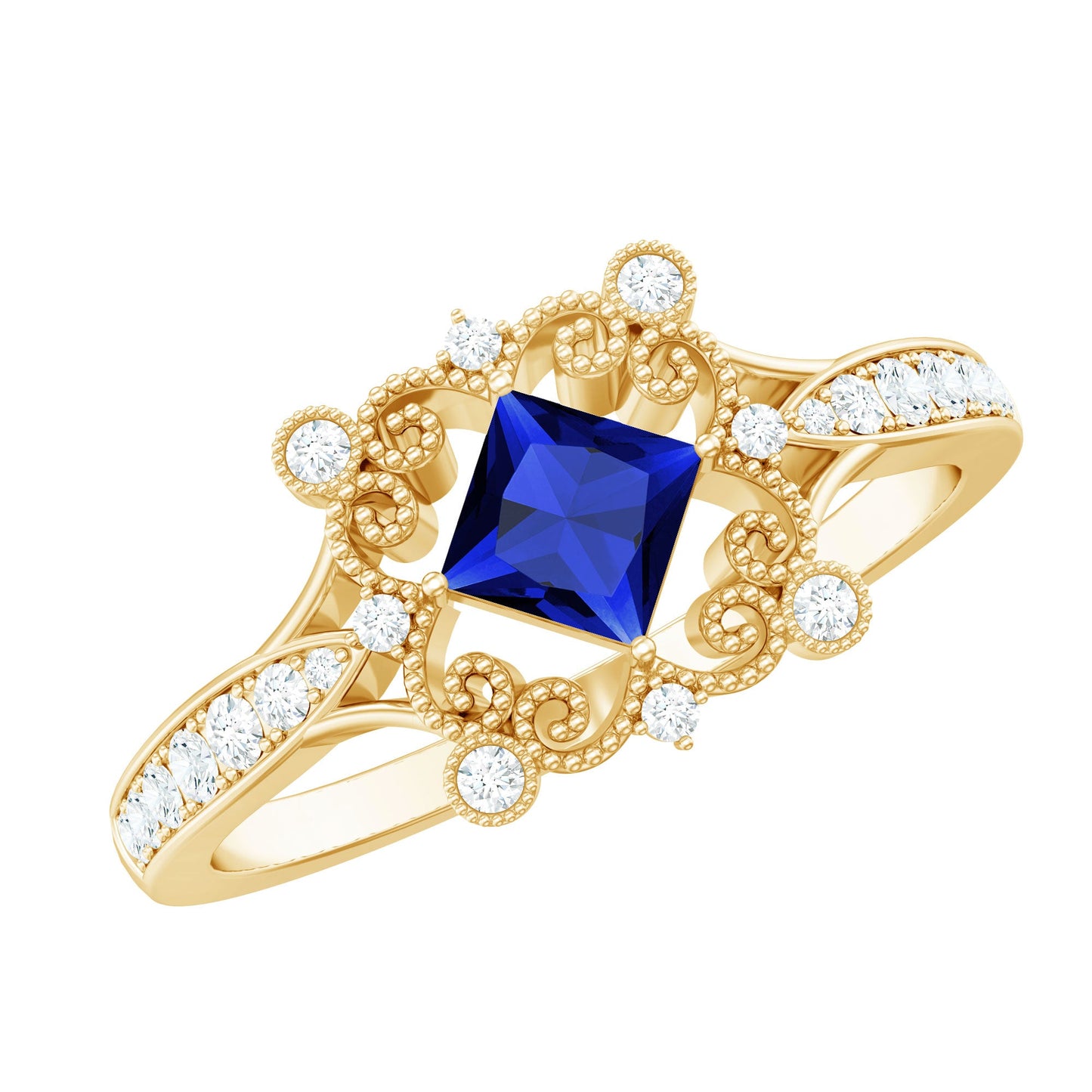 Vintage Inspired Lab Grown Blue Sapphire Engagement Ring with Diamond