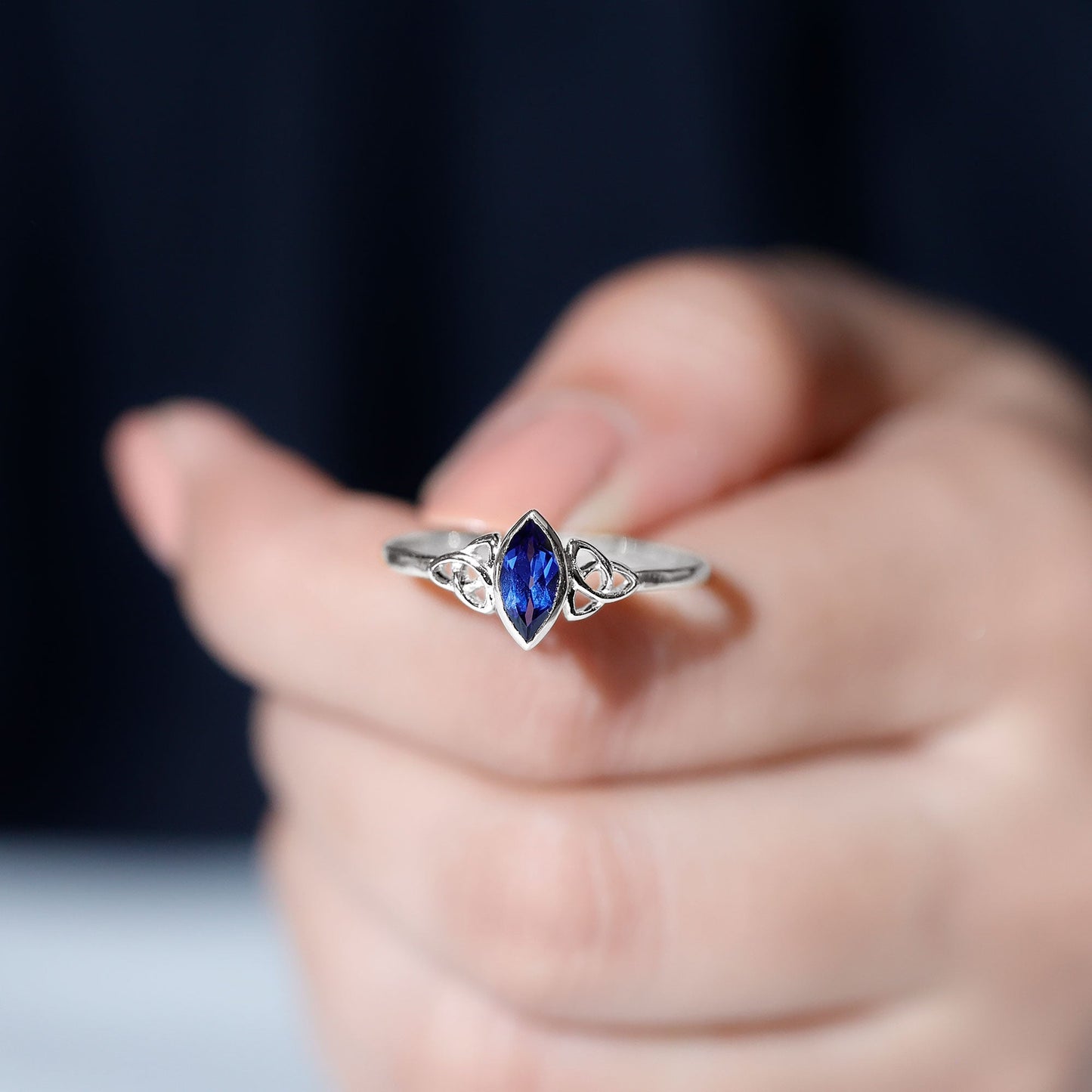 Certified Lab Grown Blue Sapphire Marquise Engagement Ring with Celtic Knot