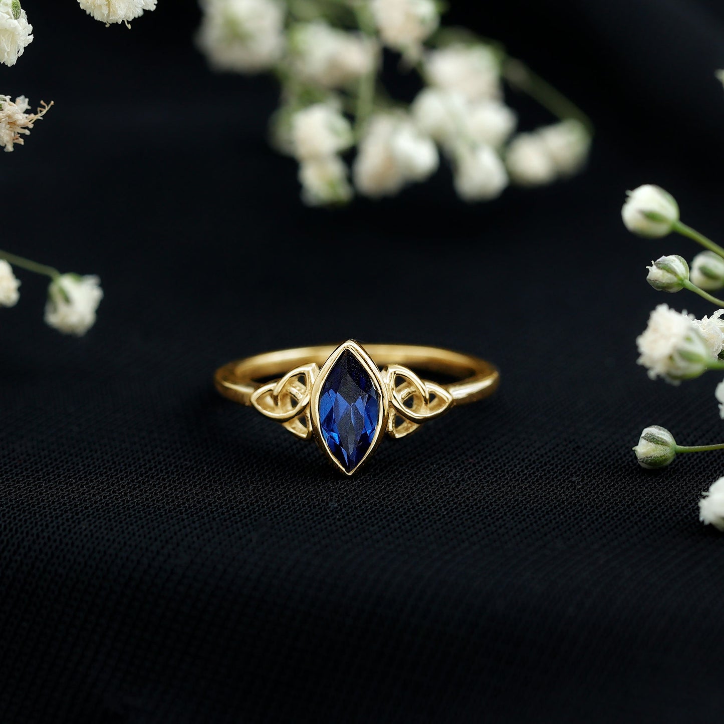 Certified Lab Grown Blue Sapphire Marquise Engagement Ring with Celtic Knot