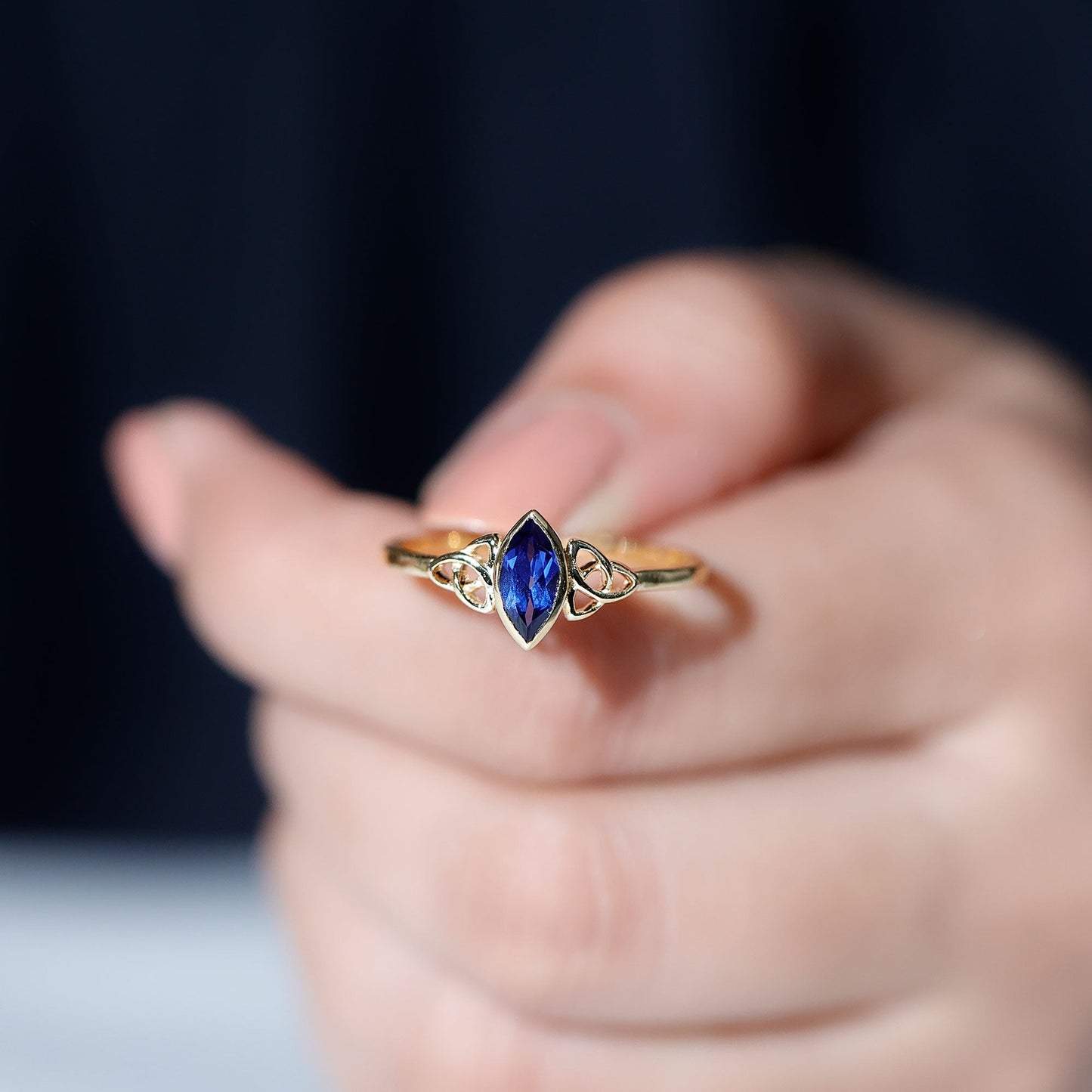 Certified Lab Grown Blue Sapphire Marquise Engagement Ring with Celtic Knot