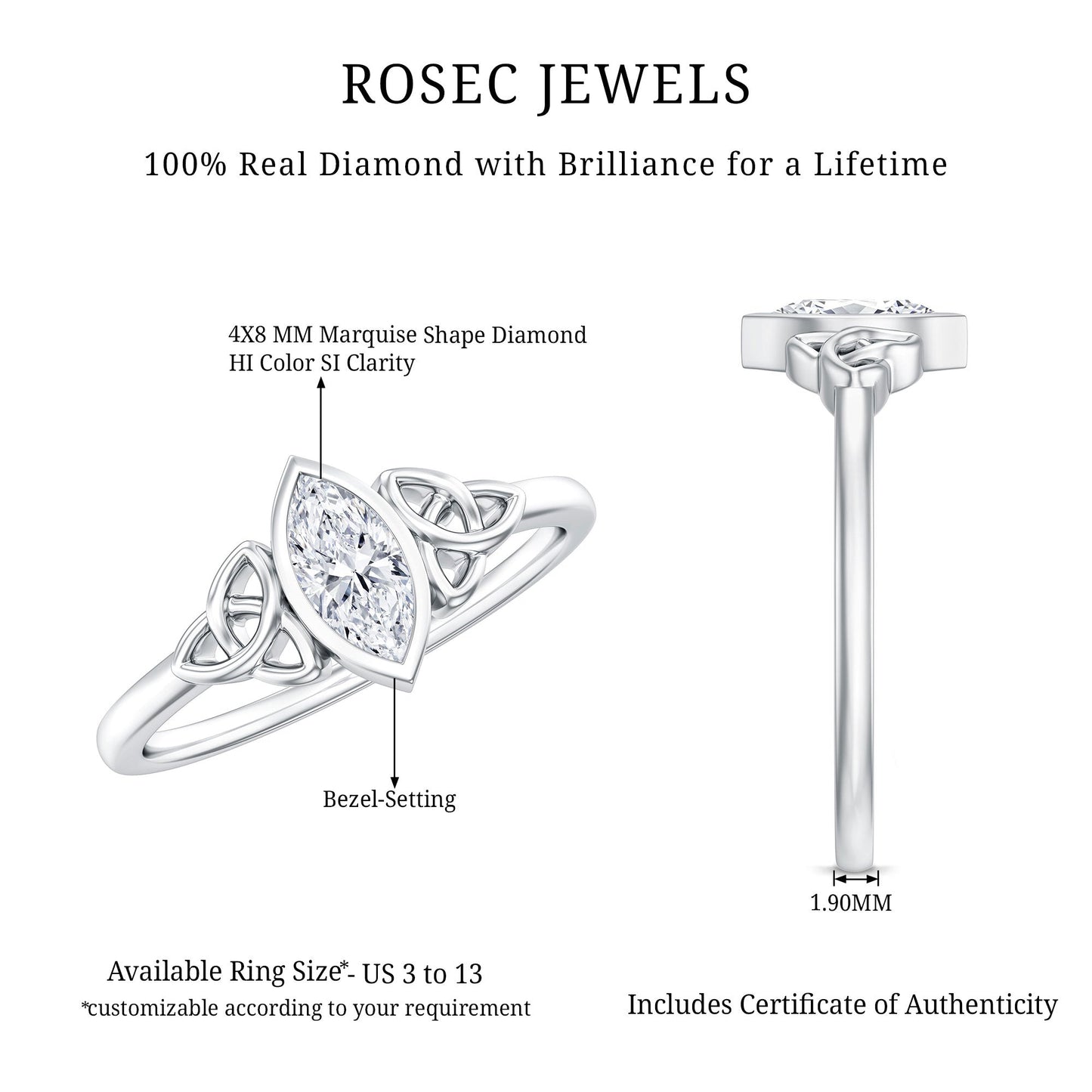 Natural Bezel Set Marquise Diamond Engagement Ring with Celtic Knot
