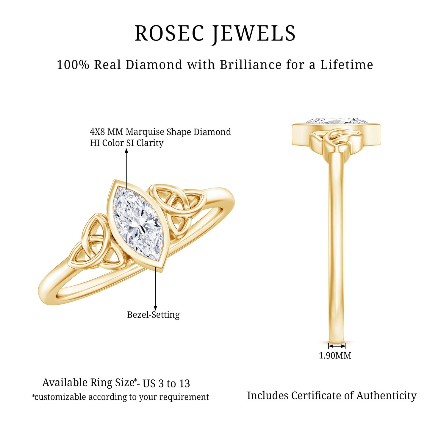 Natural Bezel Set Marquise Diamond Engagement Ring with Celtic Knot