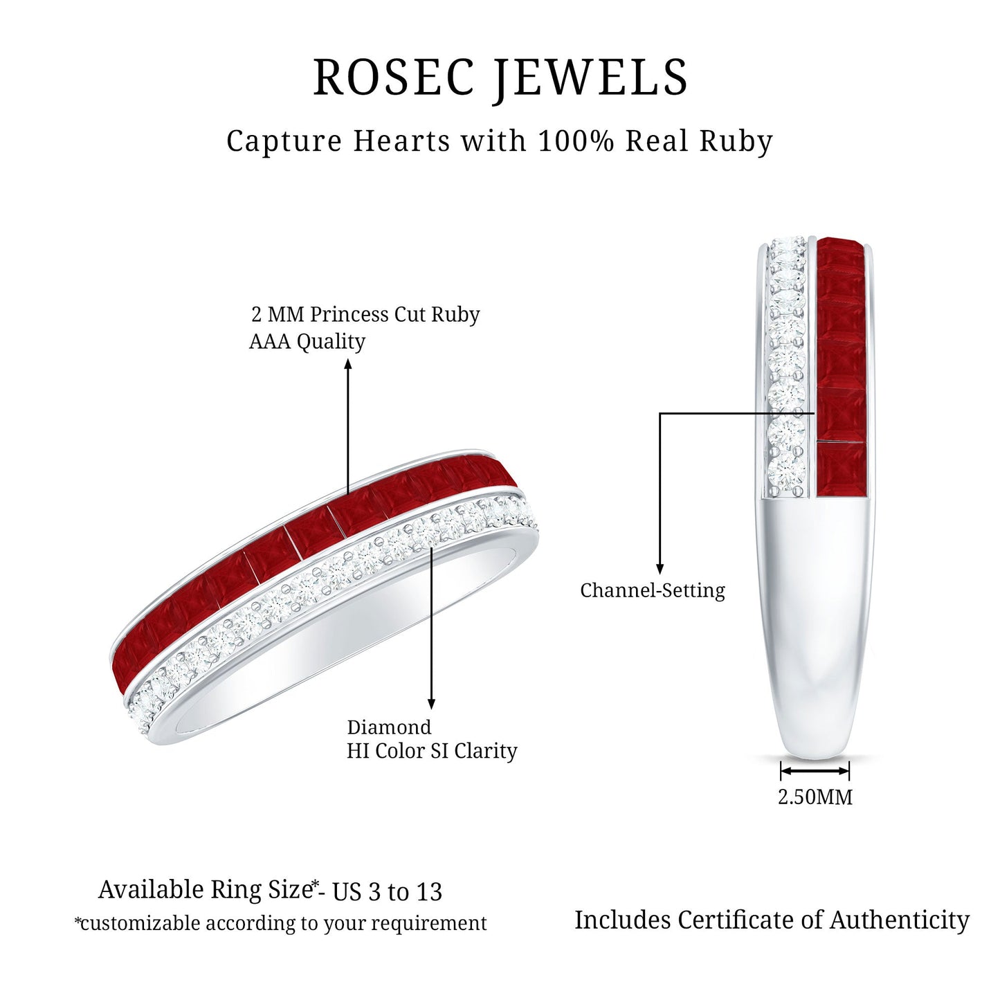 Natural Princess Cut Ruby Diamond Wedding Band Ring for Women
