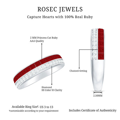 Natural Princess Cut Ruby Diamond Wedding Band Ring for Women
