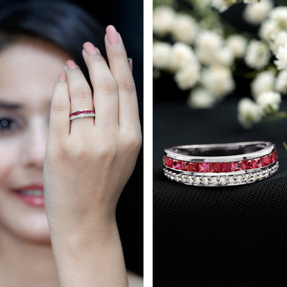 Natural Princess Cut Ruby Diamond Wedding Band Ring for Women