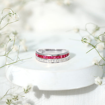 Natural Princess Cut Ruby Diamond Wedding Band Ring for Women