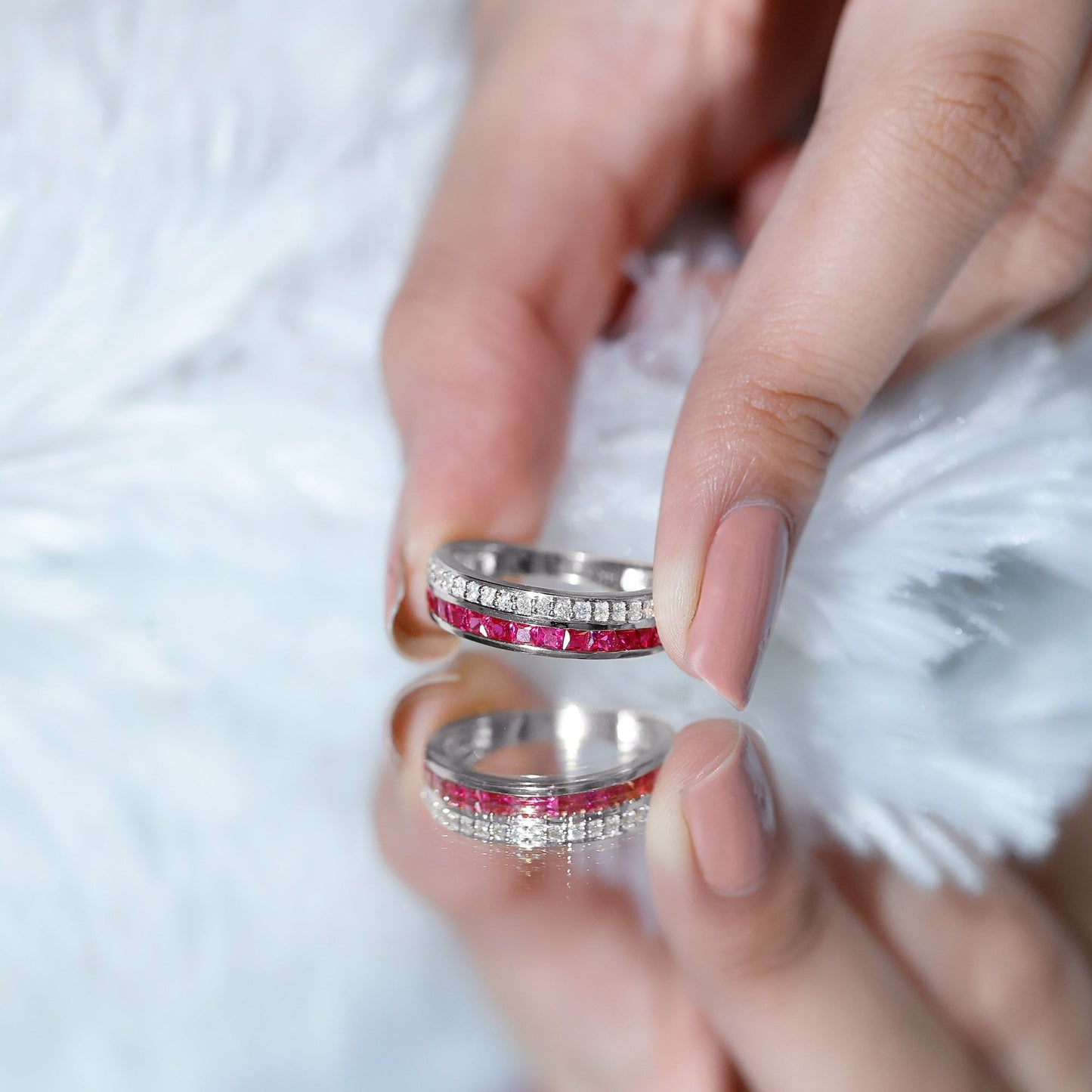 Natural Princess Cut Ruby Diamond Wedding Band Ring for Women