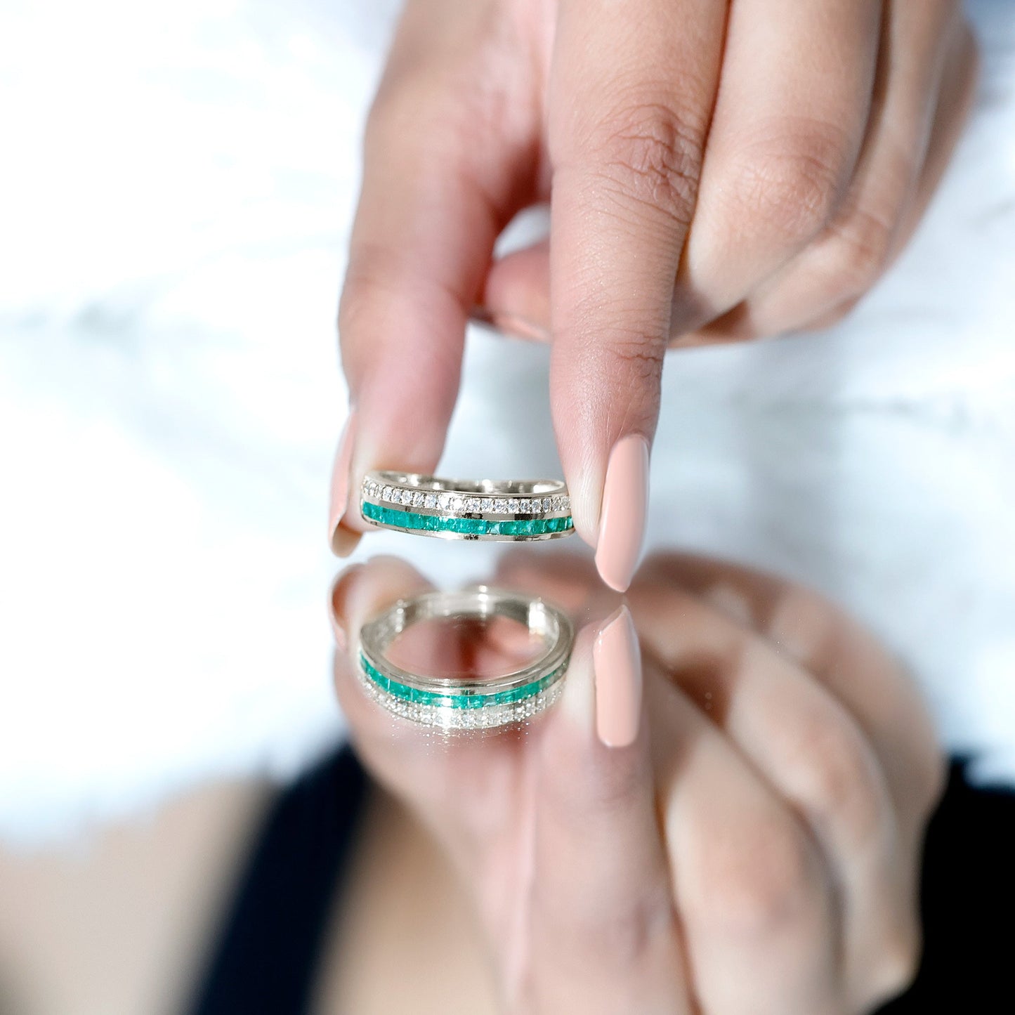 Natural Emerald and Diamond Half Eternity Wedding Band