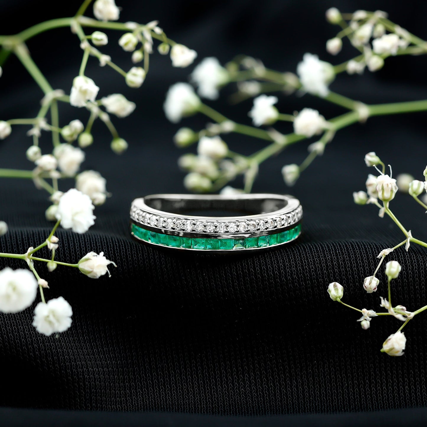 Natural Emerald and Diamond Half Eternity Wedding Band