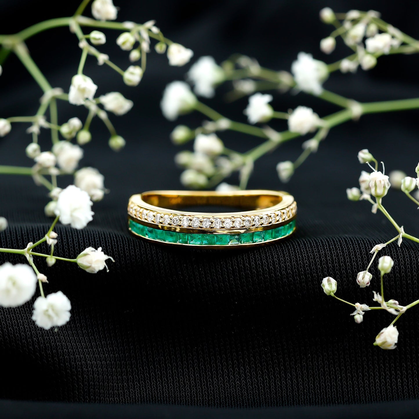 Natural Emerald and Diamond Half Eternity Wedding Band