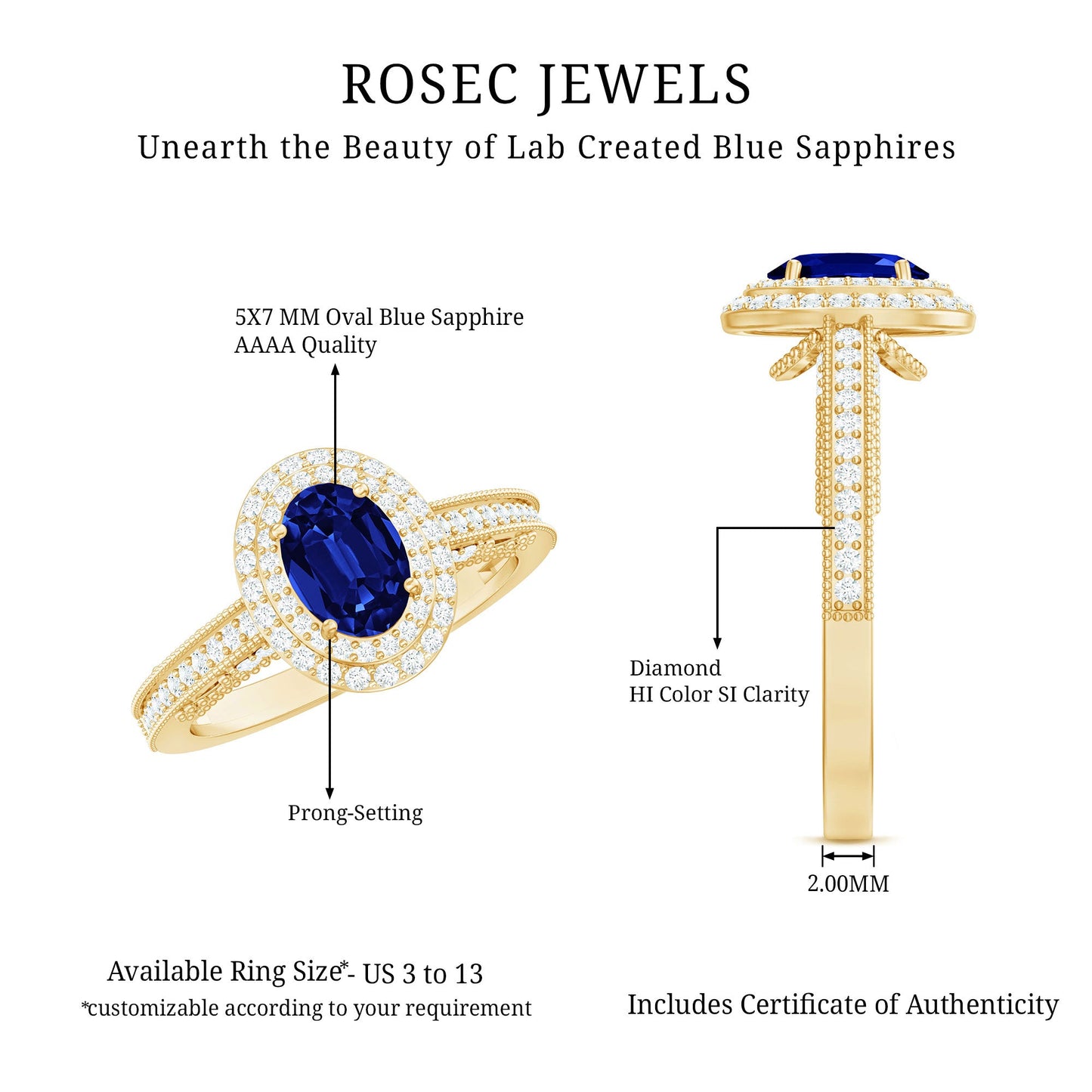 1 Carat Oval Lab Grown Blue Sapphire Diamond Vintage Engagement Ring with Double Halo