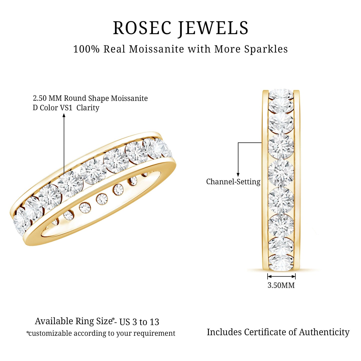 Certified Moissanite Channel Set Eternity Ring for Anniversary