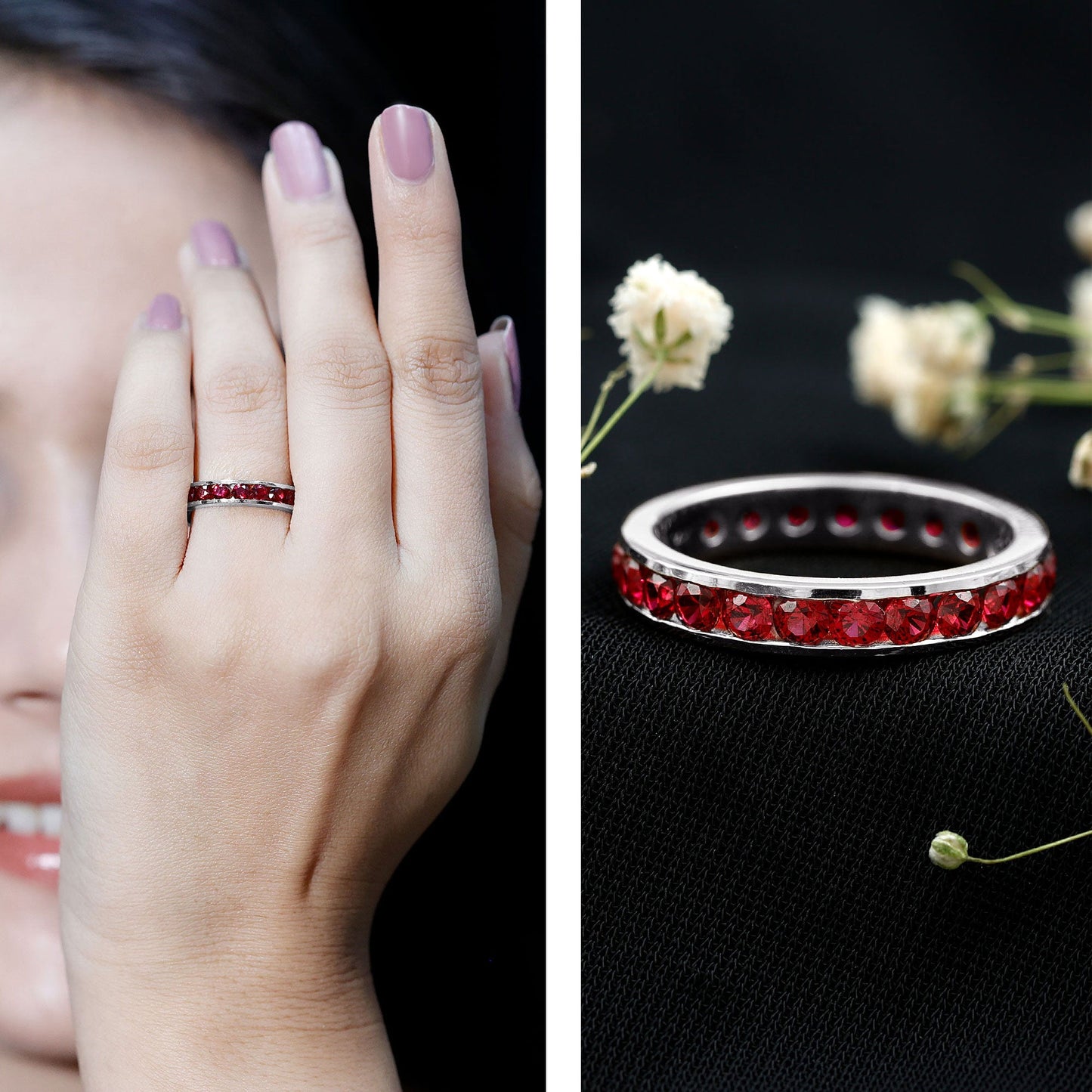 Round Created Ruby Full Eternity Ring in Channel Setting