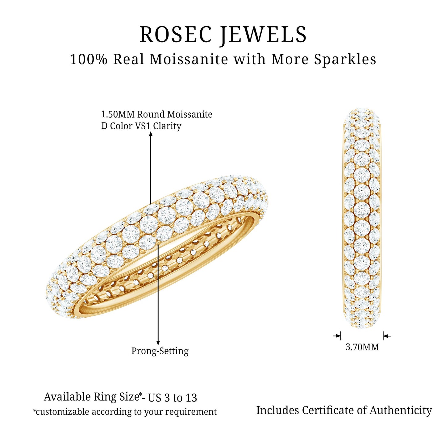Pave Set Certified Moissanite Three Row Eternity Band